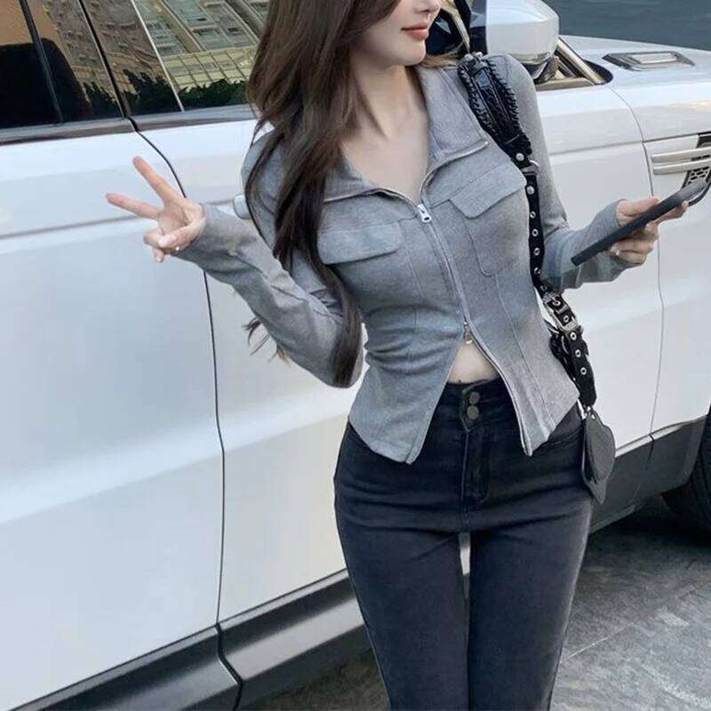 Women Classic Gray T-shirts Female Korean Polo Collar Short Tops Girls Zipper Designer Slim Fit Thin Clothes 26W0224