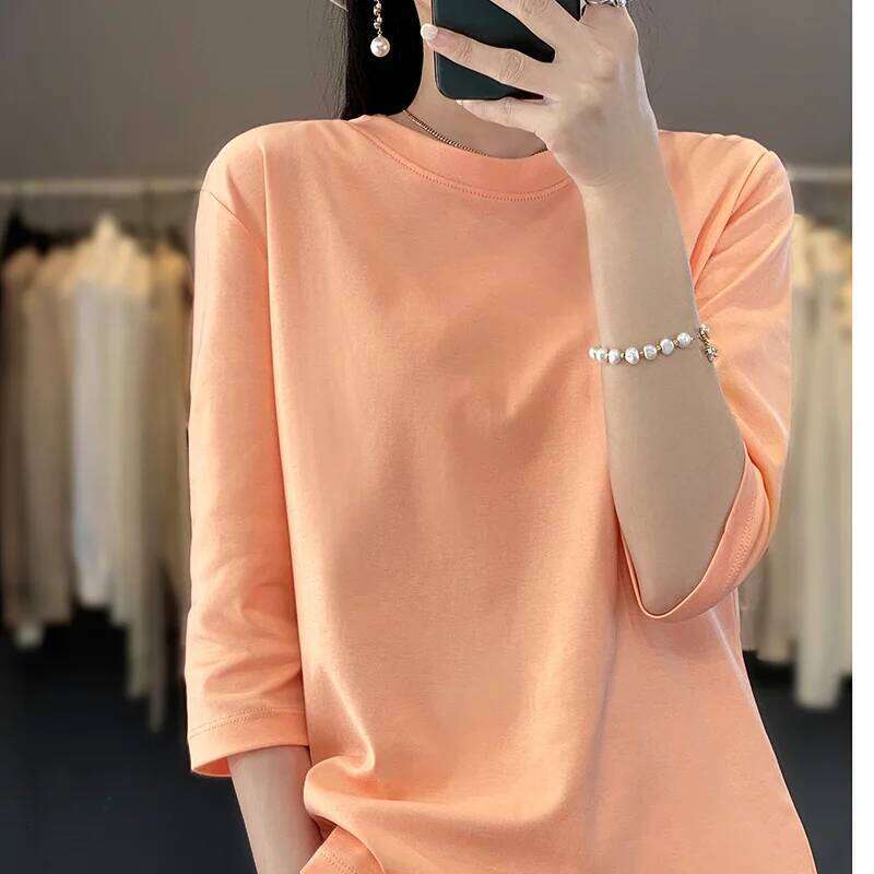 Mercerized Cropped Female Spring And Summer 2023 New Round Neck Loose 100% Cotton Short Sleeve Bottoming T-Shirt 26Y0224