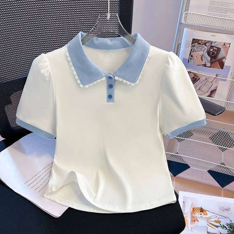 Women Peter Pan Collar Short Sleeve T Shirt Summer New Design False Two Piece Top Blouse 26W0224