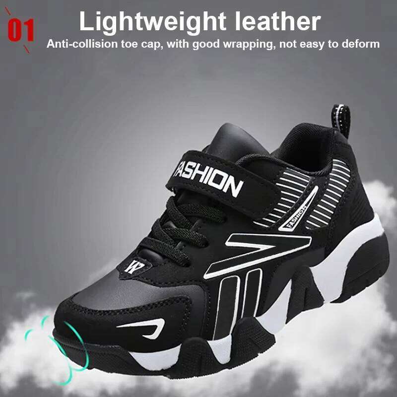 Kids Fashion Sneakers Boys Tennis Comfortable Leather Running Lightweight Outdoor Children's Sports Walking Shoes 26W0224