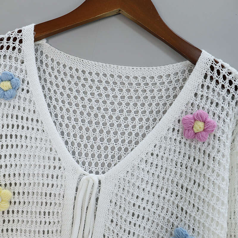 Spring/Summer New Hollow V-Neck Long Sleeve Floral Crochet Knit Sweater Short Cardigan In Vintage Style