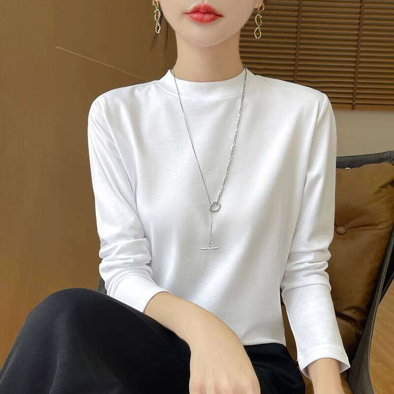 Spring and Autumn Half-high-necked Women's Long-Sleeved T-shirt Cotton New Bottoming Shirt Loose Outside 26Y0224
