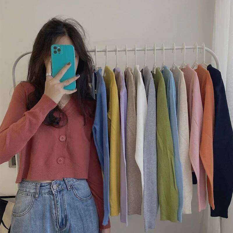 Solid Knitted 2024 Spring Autumn Long Sleeve Sweater Cardigan Women V Neck Short Top Office Ladies Slim Streetwear 26L0224