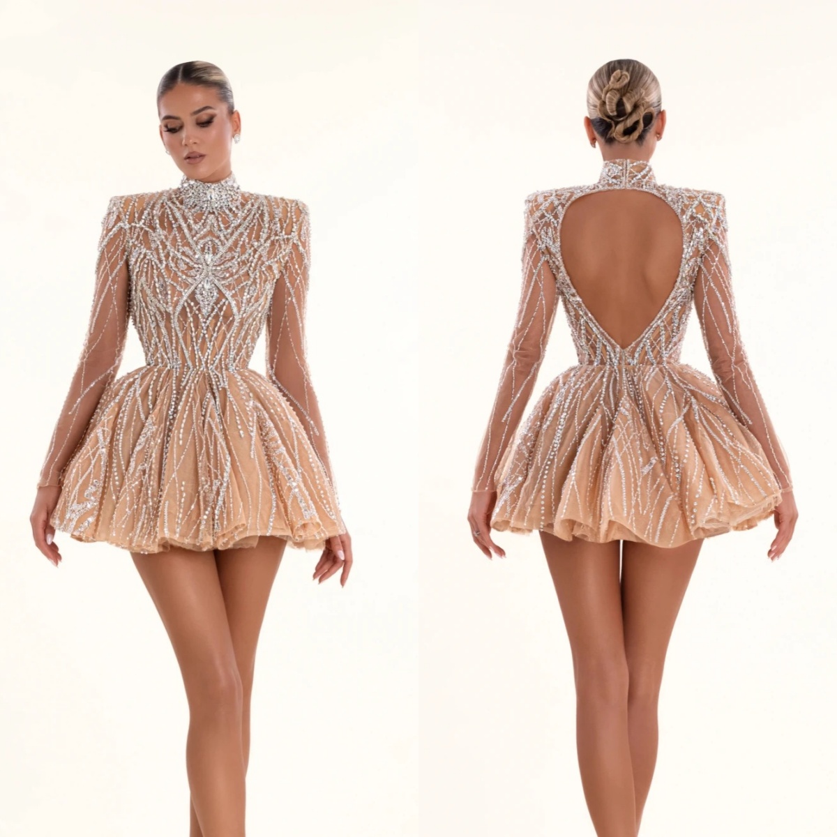 Glitter High Neck Evening Dresses Customized Sexy Sequined Long Sleeve Prom Dress Above Knee Length Party Gown