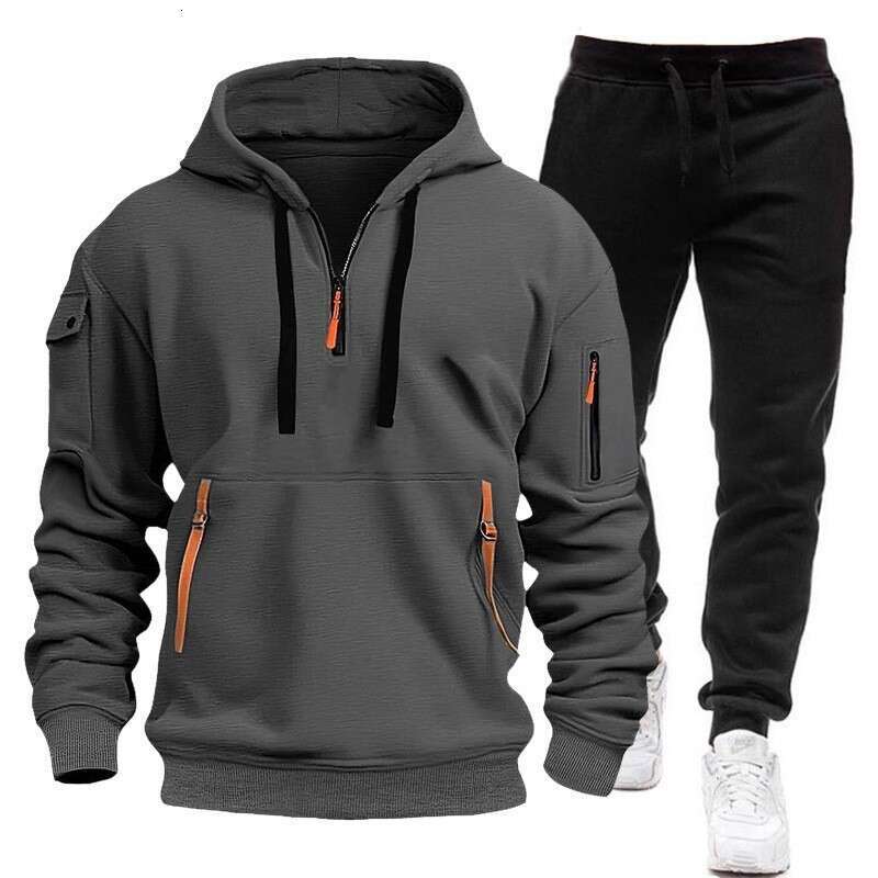 New Spring Autumn Men's Hoodie Set with Zipper Multiple Pockets, Pullover Sweatshirt for Sports and Casual Wear