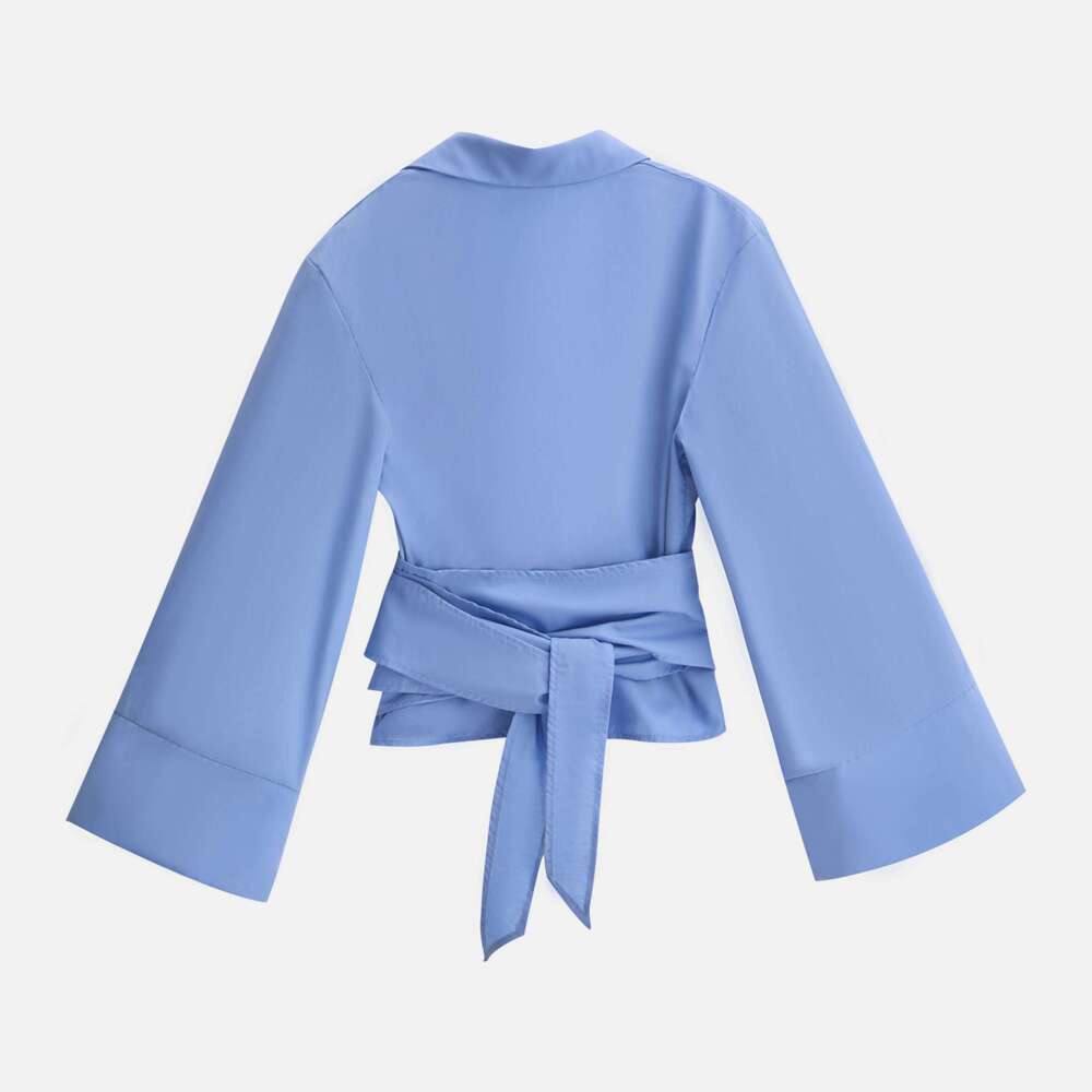 2025 NeW Women's Fashion Casual Polo Neck Bow Tie-Up Short Edition Double Breasted Poplin Daily Work Shirt Elegant Gifts 26W0224