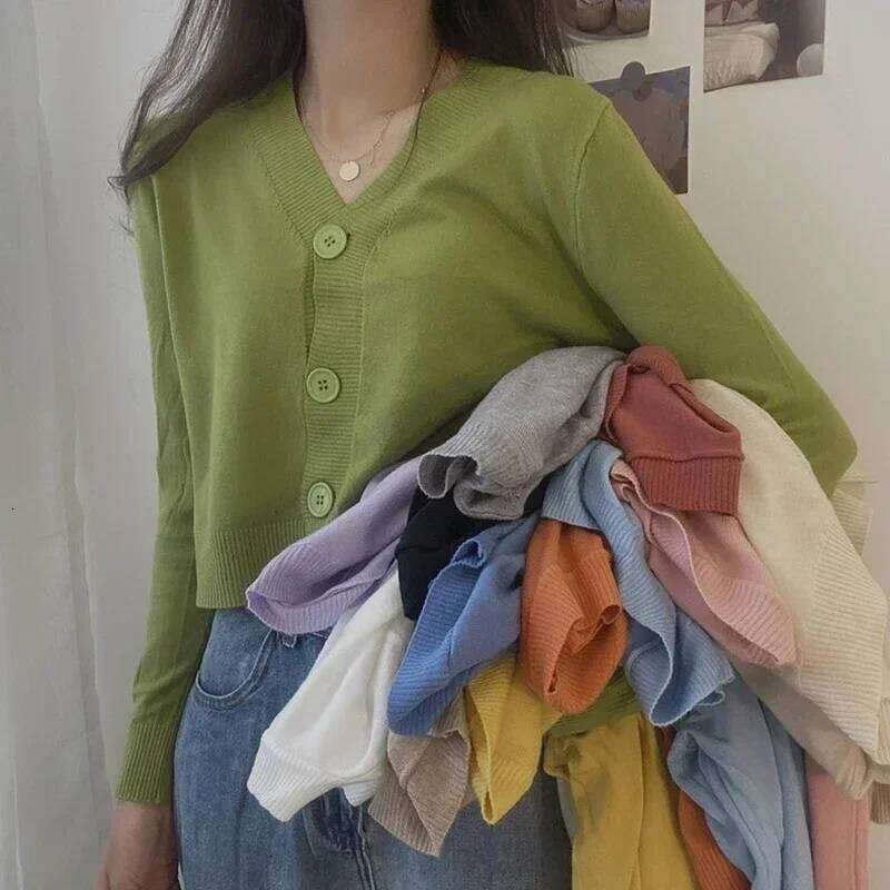 Solid Knitted 2024 Spring Autumn Long Sleeve Sweater Cardigan Women V Neck Short Top Office Ladies Slim Streetwear 26L0224