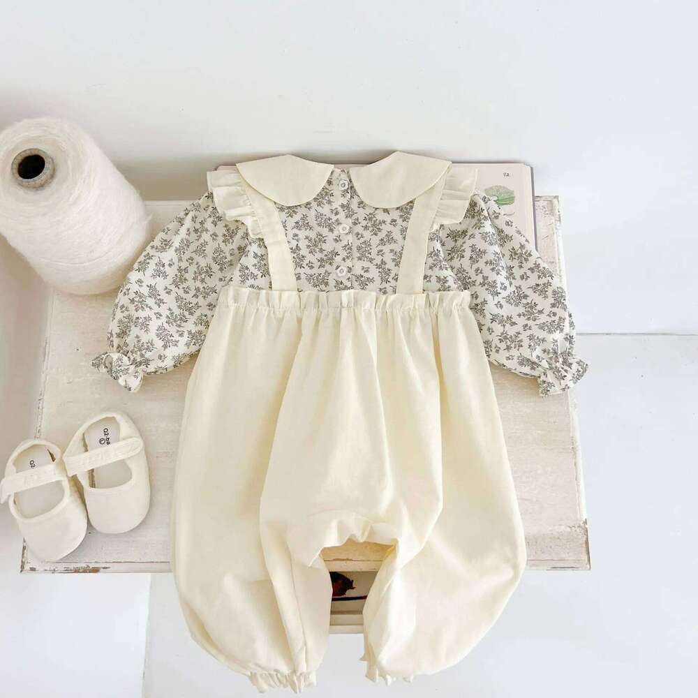 autumn Newborn Infant Girls Flower Romper Muslin Fake two pieces lapel Rompers Kids Onepiece Fashion Baby Clothing 26H0224