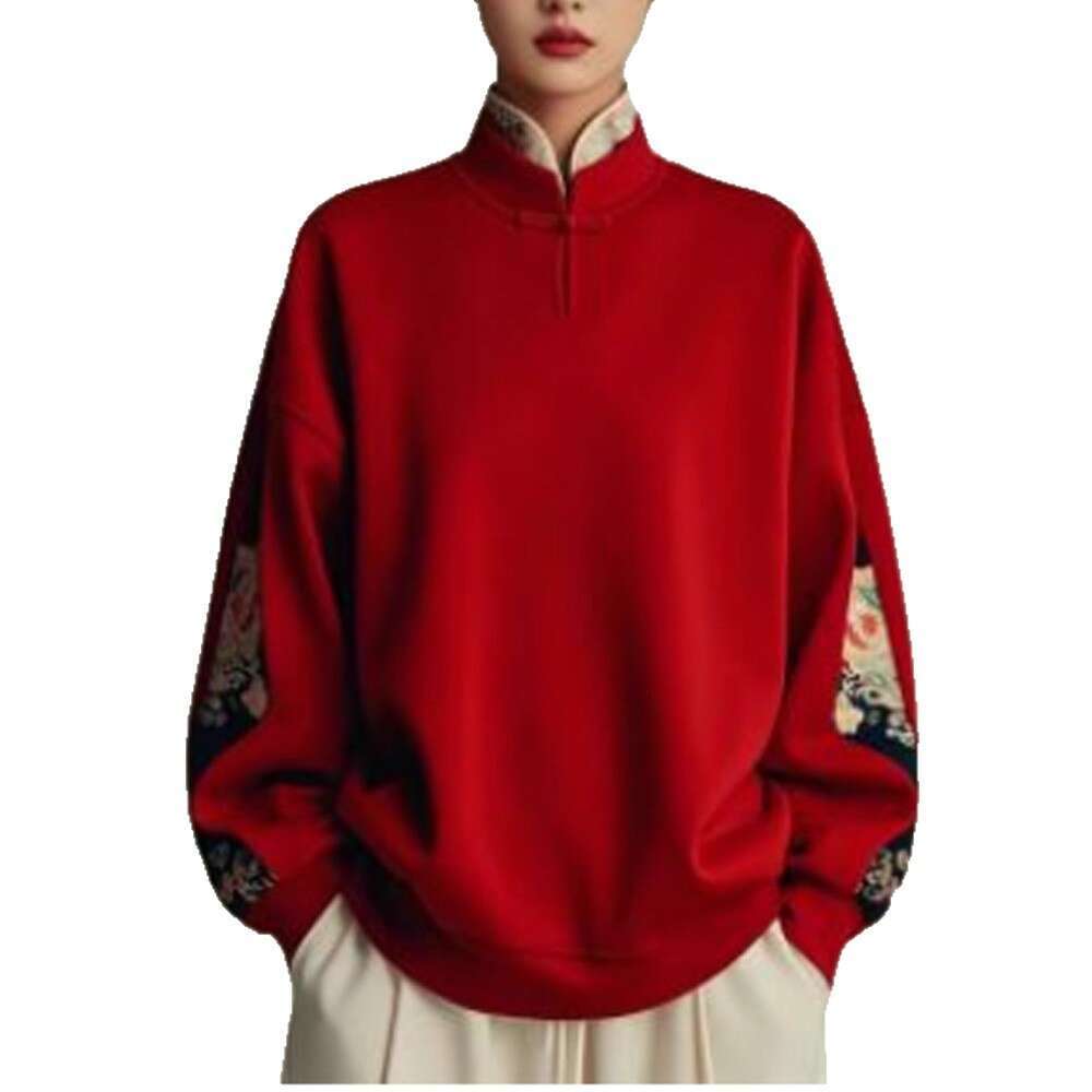 Year Red New Chinese Women's National Style Versatile Sweatshirt Jacket For Women Autumn Winter Hot Fashion Trendy Top