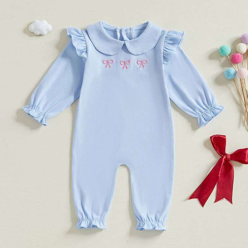 Newborn Girl Long Sleeve Jumpsuit Bow Print Peter Pan Collar Ruffle Romper Playsuit Baby Outfit 26H0224