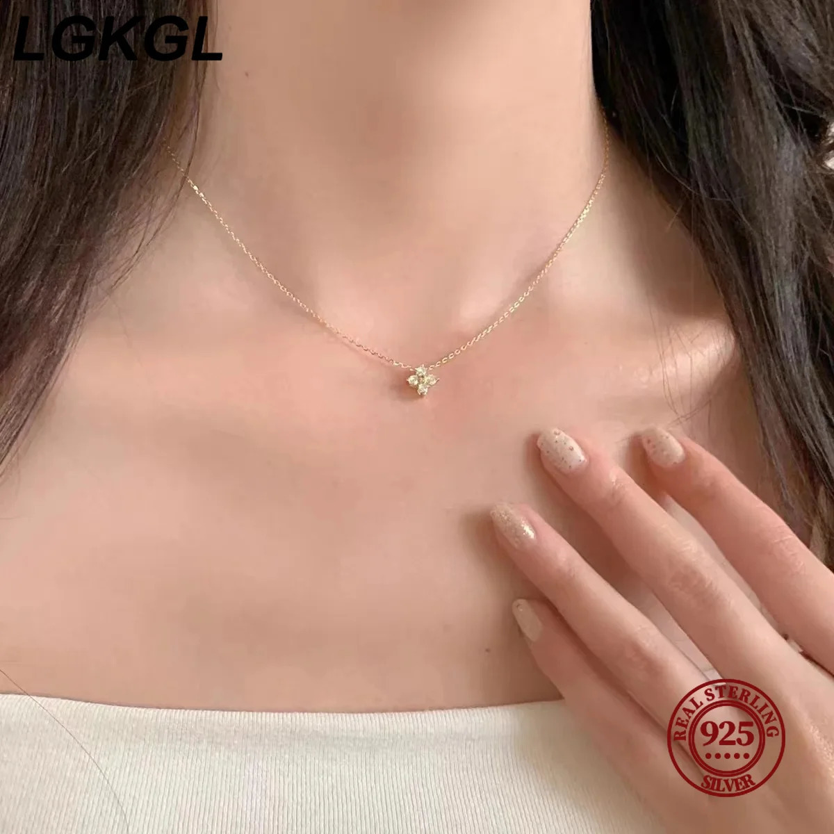 LGKGL S925 Sterling Silver Plated 18K Gold Set Zircon Necklace Female Sparkling Diamond Four Leaf Grass Versatile Collar Chain 260208
