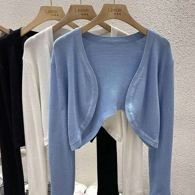 2025 Girls Fashion Solid Knitted Cardigan Women Outside Loose Fit Short Tops Lady Classic Korean Ice Silk Clothes 26L0224
