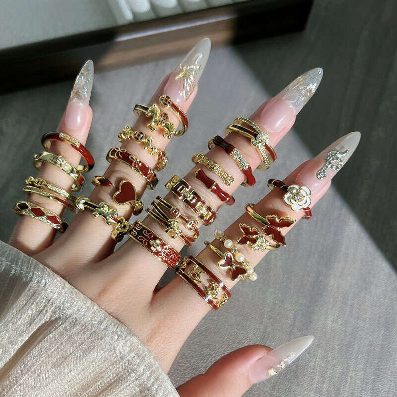 Ring Gold Plated Wine Red Enamel Geometric Zodiac Horse Butterfly Open Adjustable Band for Chinese New Year Festival and Daily Wear Gift High Quality 