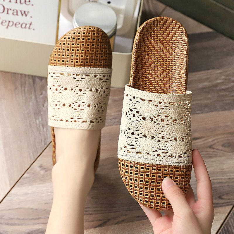 Breathable and non slip rattan woven lace indoor linen slippers, men's and women's hollow comfortable shoes, designer shoes, slippers, sanda