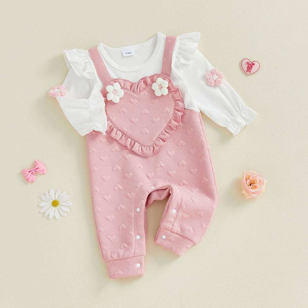Baby Girls Spring Patchwork Romper Fake Two Pieces Heart Jacquard 3D Floral Long Sleeve Round Neck Jumpsuit 26H0224