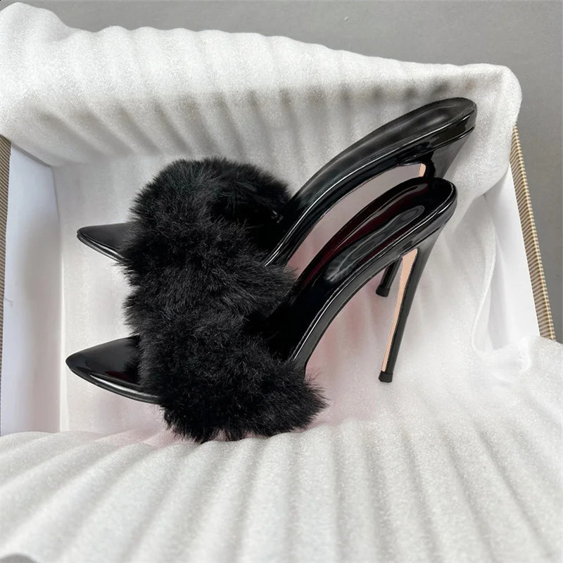 Sexy red faux fur women slippers 12cm high heels pointed toe dress dating party fashion shoes women sandals plus size LX050 260124