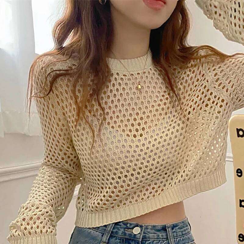 1pcs Summer Women Solid Color Round Neck Hollow Out Long Sleeve Casual Loose Knitted Top 26L0224