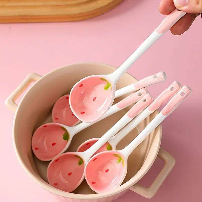 Kawaii Strawberry Ceramic Soup Cute Korean Ice Cream Hand Painted Coffee Dessert Long Handle Spoon Kitchen Accessories