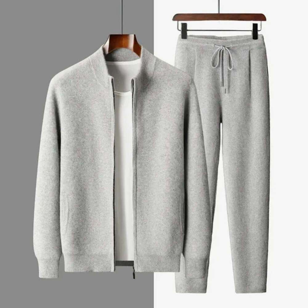 Men's Tracksuits Men Mock Neck Zippers Cardigan Cashmere Sweater Pants Sets Elastic Waist Pencil Trousers Knitted Thicken Clothing Free Shipping