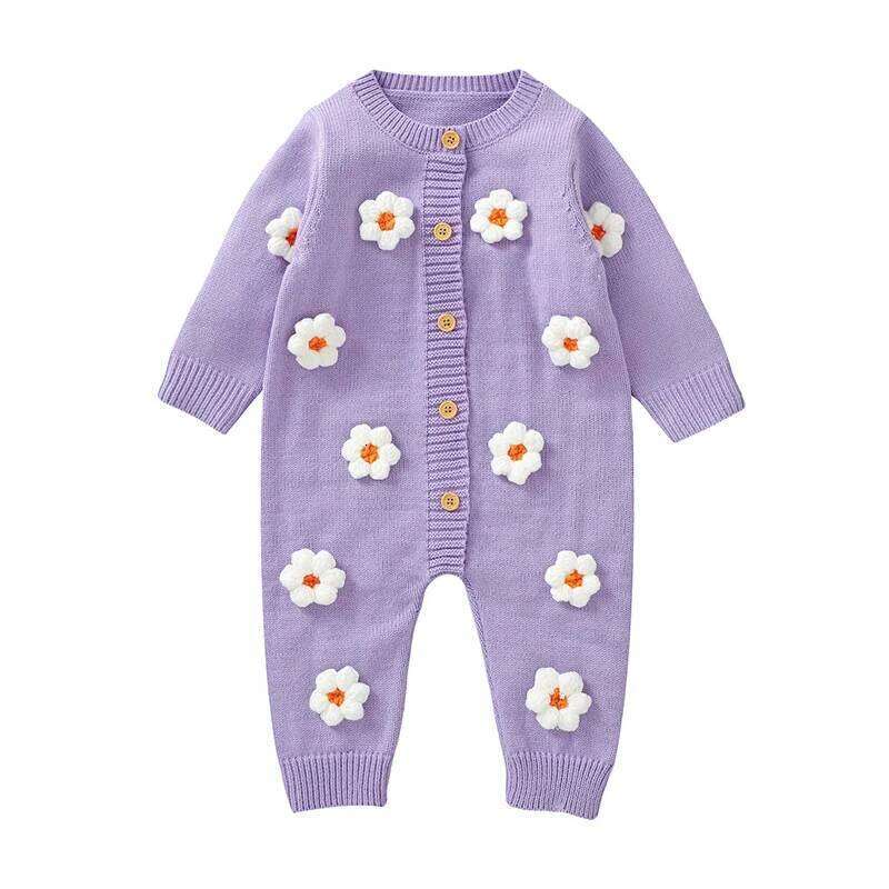 Sweet Floral Print Baby Girls Long Sleeve Rompers Fresh Babies Jumpsuit Knitted Acrylic Newborn One-piece Bodysuit Pullovers 26H0224