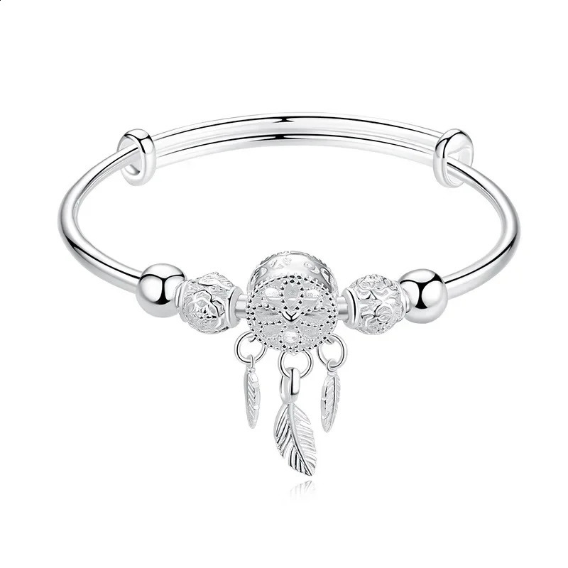 Adjustable 999 Sterling Silver Dreamcatcher Tassel Feather Round Bead Charm Bracelet Women Bangle Boutique Jewelry Accessorie 260208