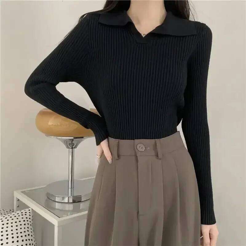 Elegant Vintage Knit Sweater Women's Long Sleeve Lapel Stylish Polo Collar Base Layer Top For Spring Autumn 26L0224