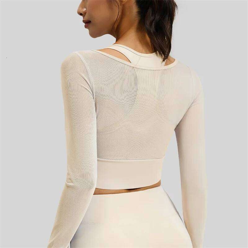 Aiithuug Long Sleeve Sheer Mesh Sexy Top Longsleeve Padded Camisole Workout Yoga Bra Crop Fitness Shirts Cropped 26Y0224