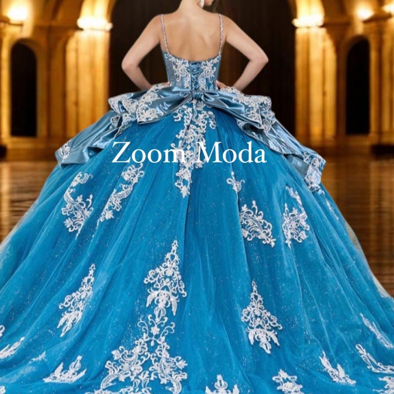 Sea Blue Shiny Quinceanera Dresses Ball Gown Off The Shoulder Applique Lace Beading Crystal Bow Tull Party Birthday Sweet 16 Dress Vestidos 15 De Anos