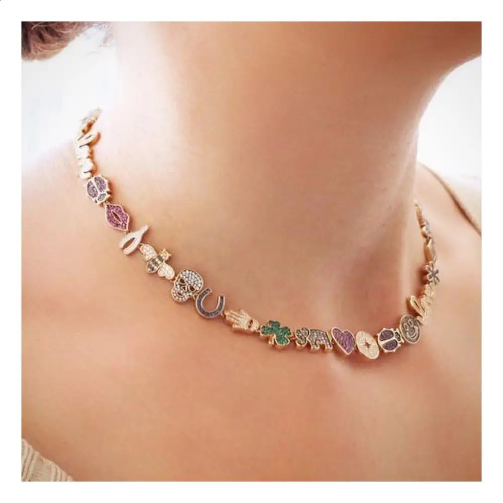 Women Fashion jewelry Micro pave colorful cz lucky charm link chain cute animal eye statement necklace 260206