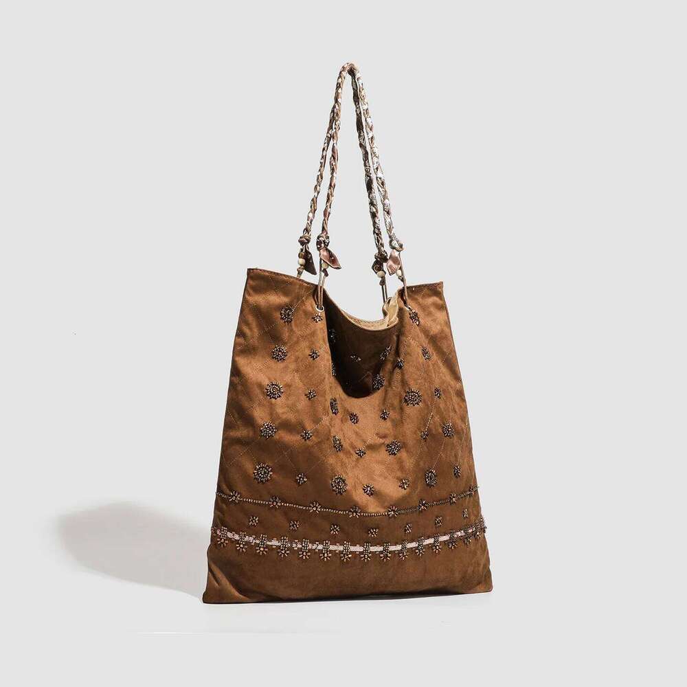 2025 Suede Single Shoulder Ethnic Style Commuting with Ribbon Splicing and Large Capacity Tote Bag Z260224