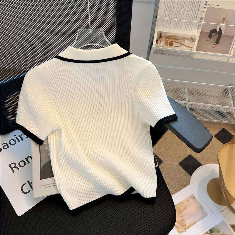 Ice Silk Shirt Summer Women's Knitted Short Sleeve Polo Casual Versatile Women Sweater Tops 2025 Korean Clothing 26W0224