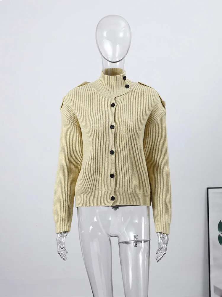 Womens High Neck Coat Knit Cardigan Outwear Solid Color Buttoned Jackets Long Sleeve Loose Casual Street Autumn Winter Clothes 260126
