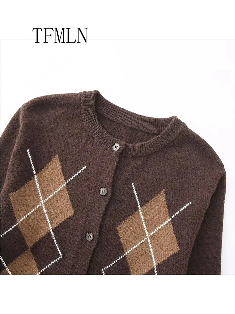 TFMLN Retro Women Knitted Cardigan Sweater Fashion Autumn Diamond Pattern Long Sleeved Coats Single Breasted Chic Knit Coat 260126