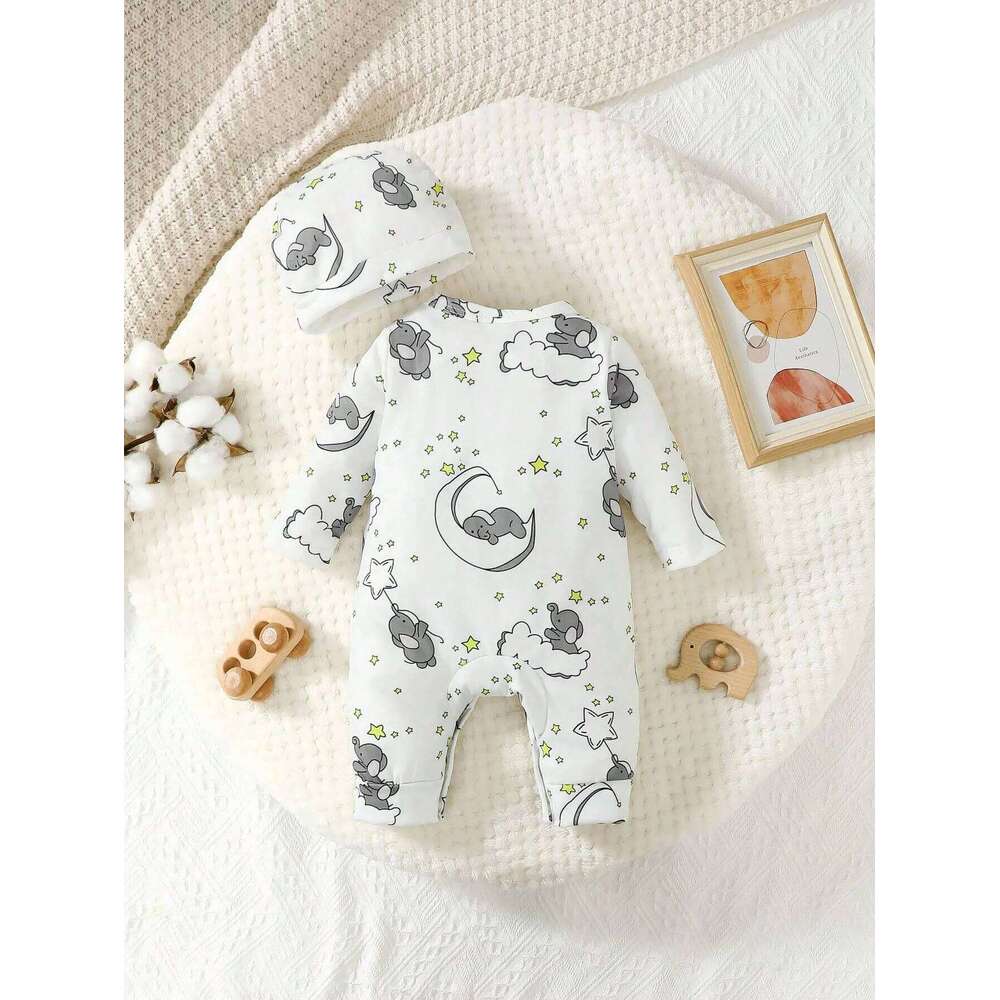 2pcs Baby Cute Elephant Pattern Embroidery Long Sleeve Romper With Hat 26Y0224