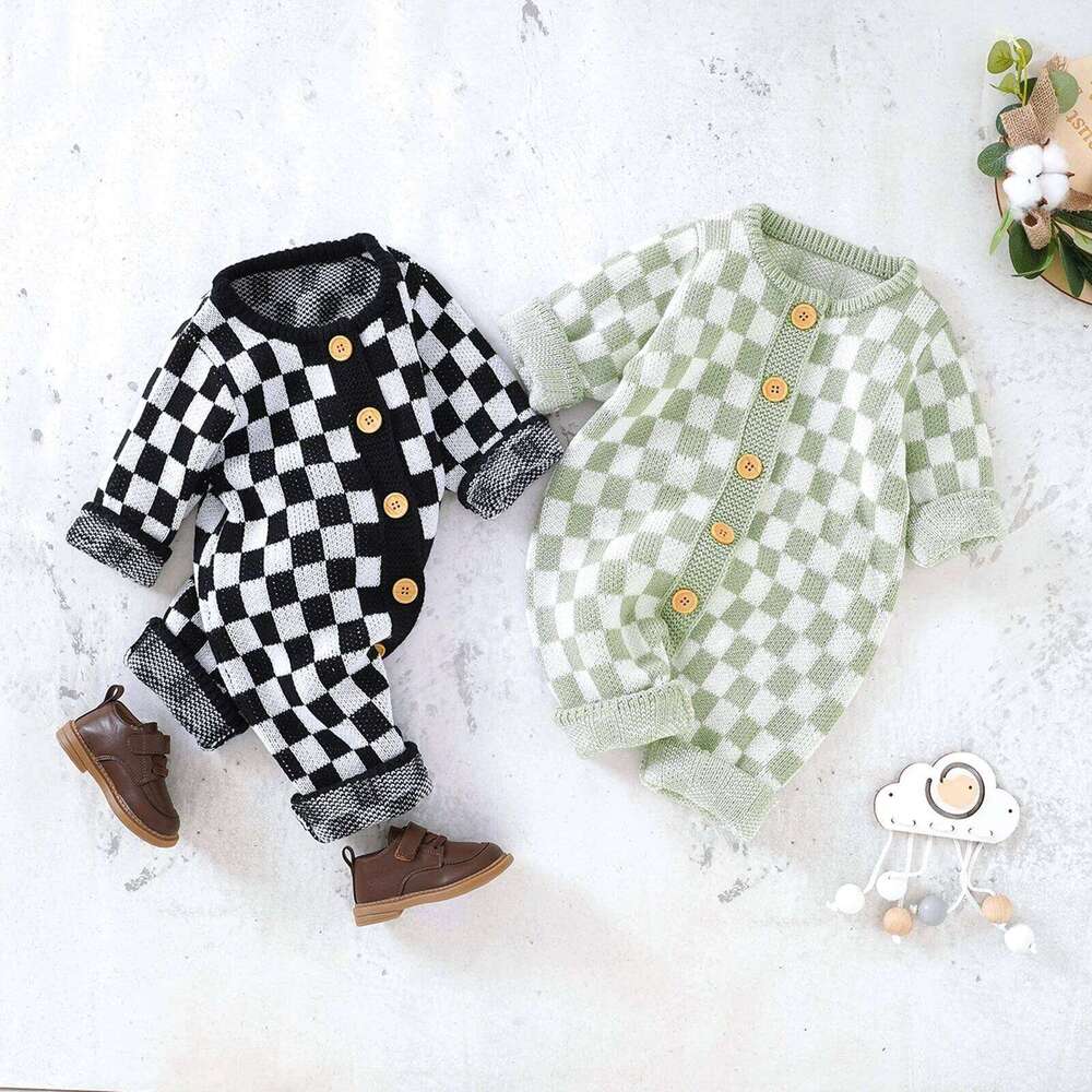 Lioraitiin Newborn Baby Sweater Romper Knitted Long Sleeve Checkerboard Plaid Print Jumpsuit Infant Knit Outfits Winter Clothes 26H0224
