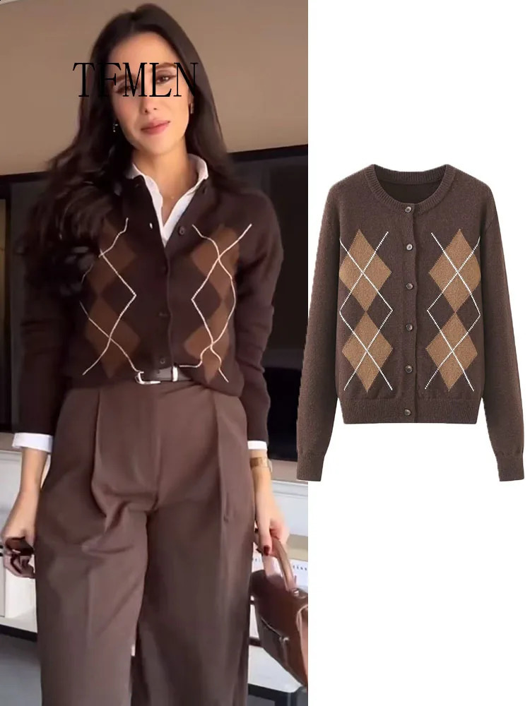 TFMLN Retro Women Knitted Cardigan Sweater Fashion Autumn Diamond Pattern Long Sleeved Coats Single Breasted Chic Knit Coat 260126