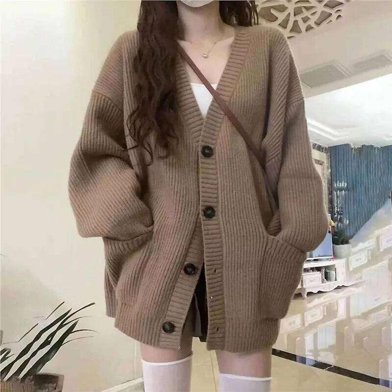 Korean version V-collar lazy wind cardigan Japanese department simple sweater female spring and autumn winter casual loose knit 26L0224