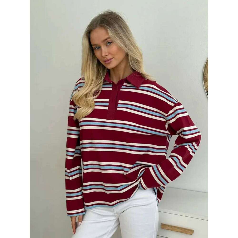 Bornladies Spring Summer New Women's Retro Striped Polo Collar Oversized Long Sleeve T - Shirt Trendy Casual Loose Basic Top 26W0224