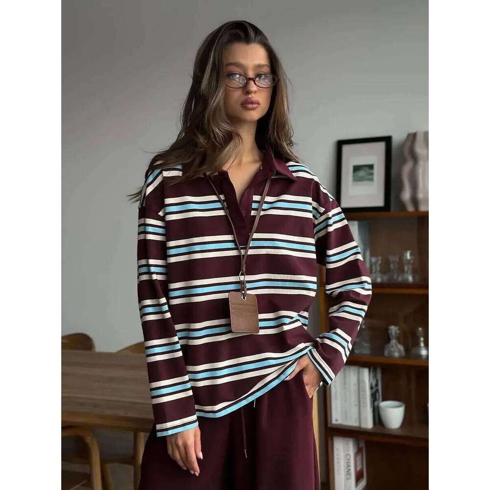 Autumn Casual Stripes Contrast Long-sleeved T-shirt Women Button Lapel Polo Shirt Tshirts New Streetwear Retro Chic Tops 2025 26W0224