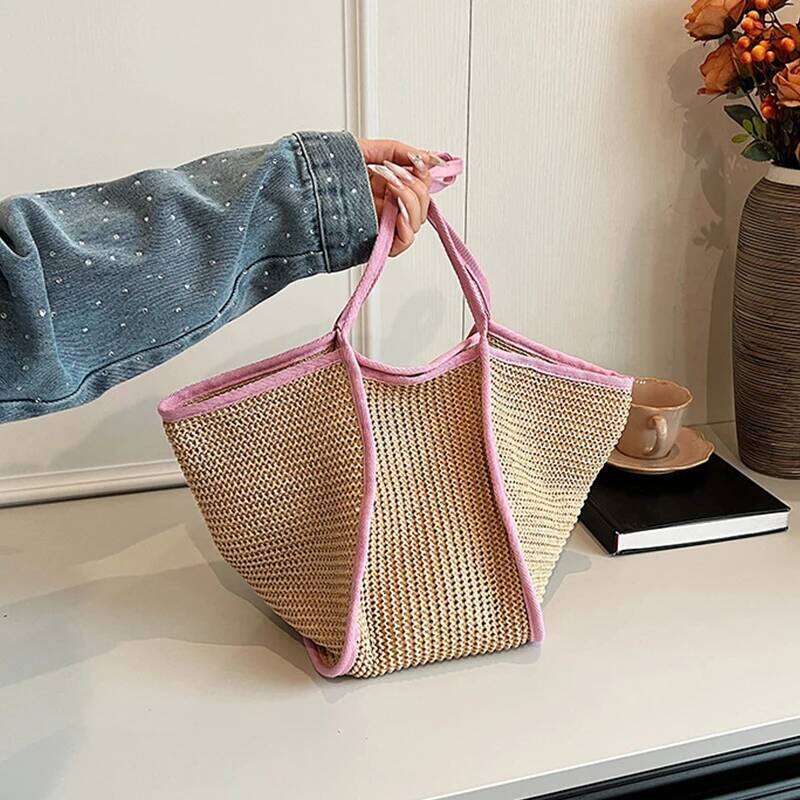 Leisure Hand-held Women Fashionable Splicing Tote Bag, New Trend Niche Design, Shoulder Grass Woven Bag Z260224