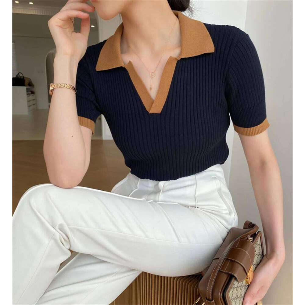 Women V Neck Knitted Tops Summer Autumn Elegant Short Sleeve Pullover Polo Shirts Slim Casual Clothes Office Lady Street Vintage 26W0224