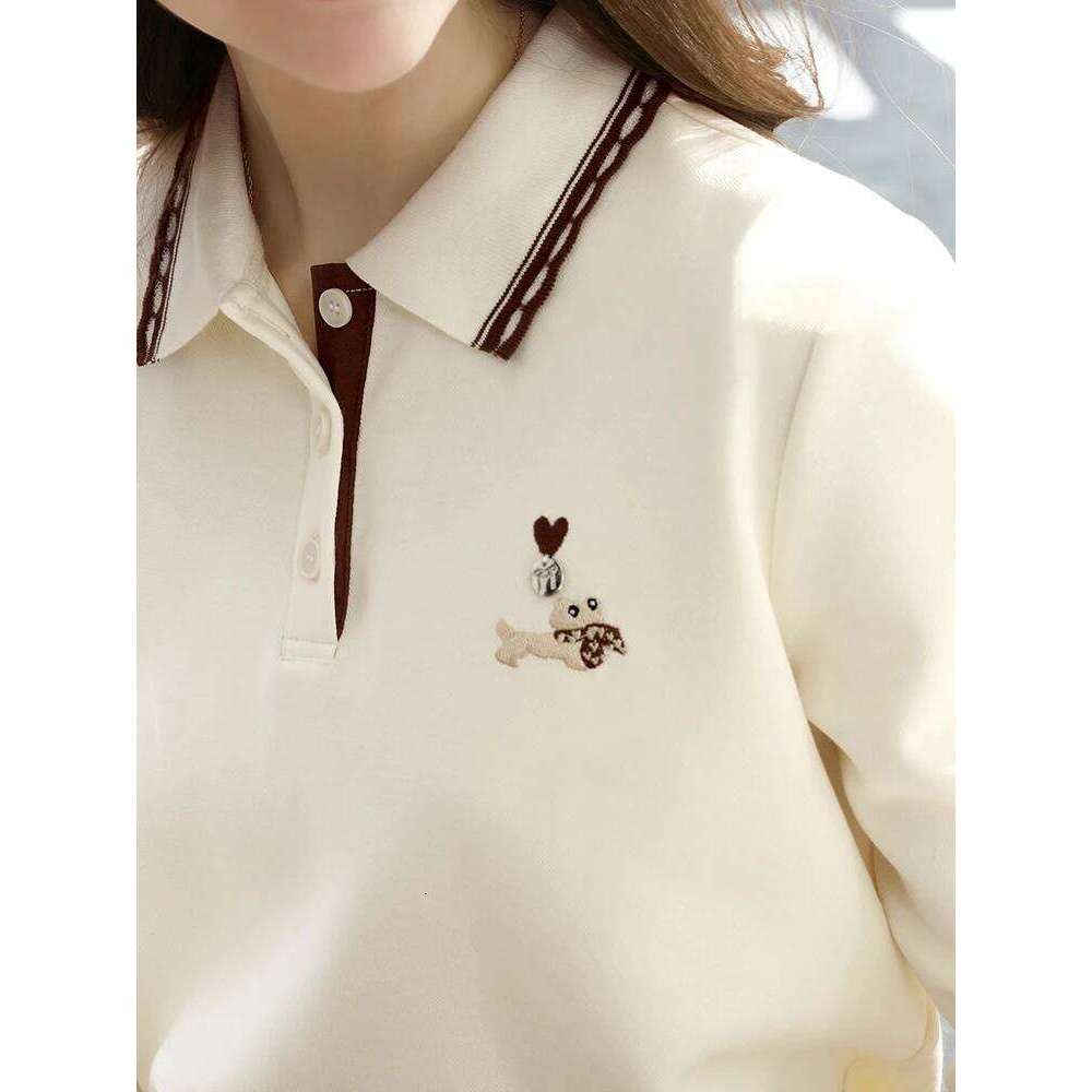 I BELIEVE YOU Polo Neck Long Sleeved T-shirt for Women Autumn 2025 Apricot Casual Tees Contrast Color Embroidery Top 2253016181 26W0224