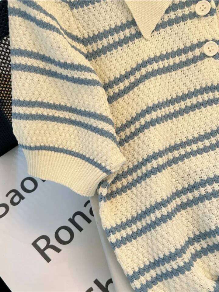 2025 Polo Neck New Womens Knitting T-Shirt Striped Short Sleeve Women Shirt for Female Slim Tops Woman T Shirts Clothing S145 26W0224