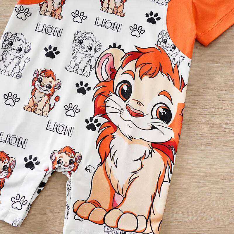Cute Lion Print with Faux Two-Piece Design baby clothes Summer Newborn 0-18Months Boys and Girls Baby Short-Sleeve Romper 26Y0224
