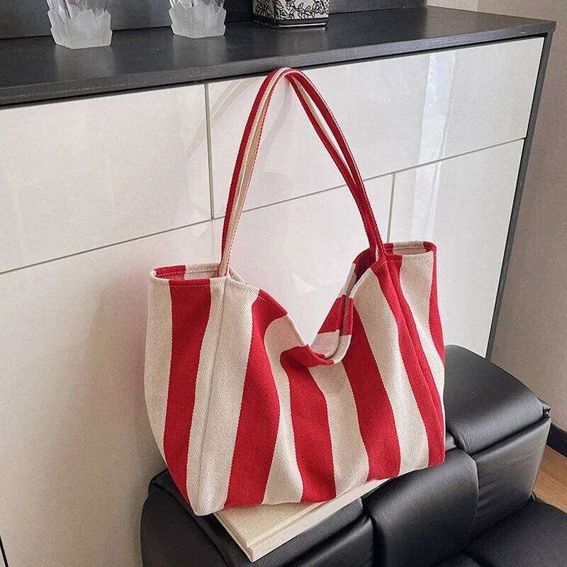 Large Capcity Korean Style Stripe Canvas Tote Female Casual Simple Shoulder Bags Shopping Handbag Daily Totes Bag Z260224