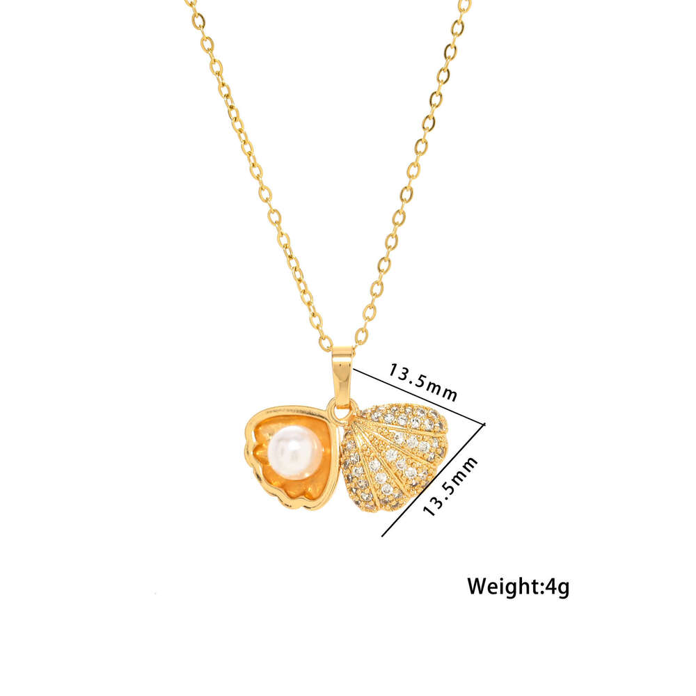 Inlaid Diamond Fashion Shell Pearl Titanium Steel Anti-Fade Necklace Elegant Fan-Shaped Pendant Celebrity Jewelry For Women