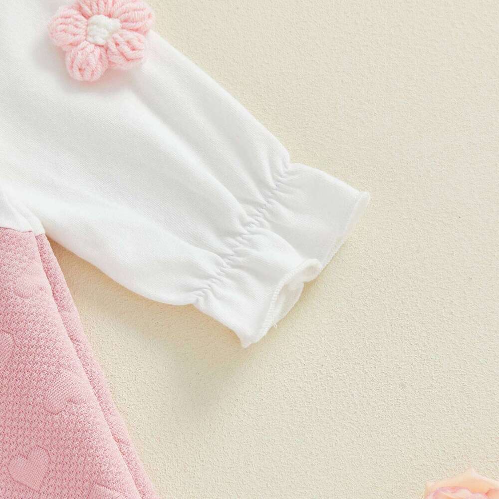 Baby Girls Spring Patchwork Romper Fake Two Pieces Heart Jacquard 3D Floral Long Sleeve Round Neck Jumpsuit 26H0224