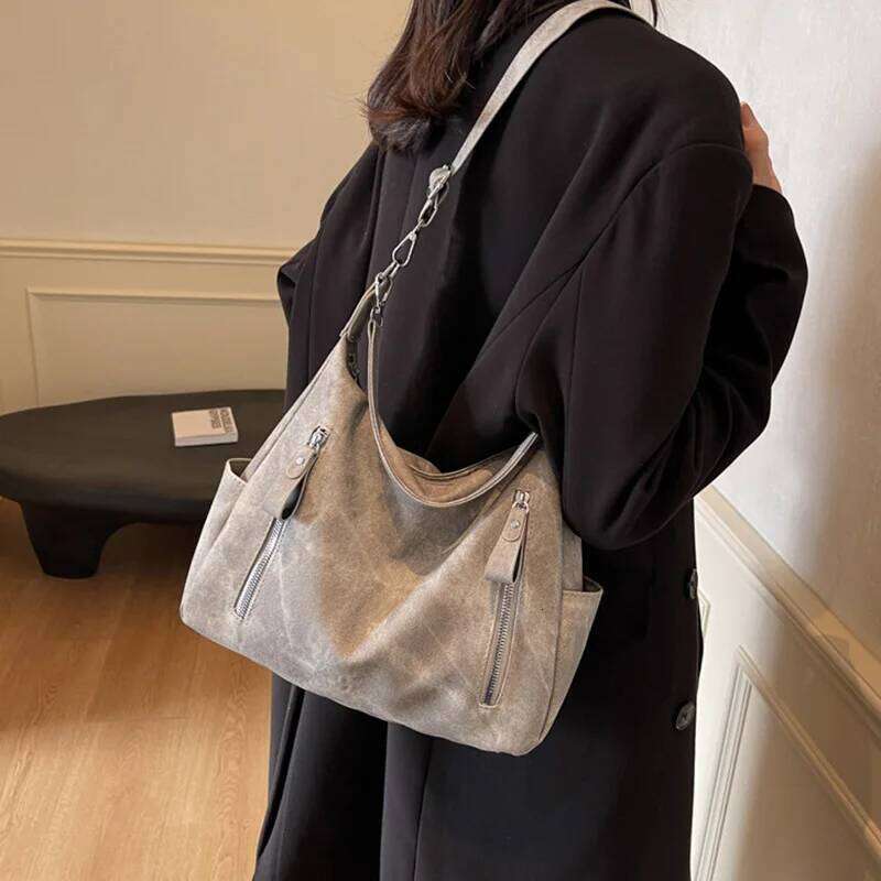 Vintage Frosted PU Leather Shoulder Bag Daily Used, Double Zipper Casual Tote Women's Crossbody Bags For Commuting Z260224