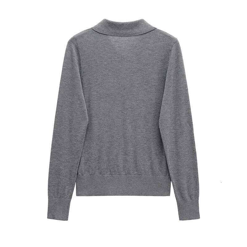 2025 Women Long Sleeve Polo Neck Sweater Casual Gray Autumn Pullover Tops 26W0224