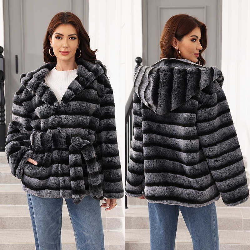 Fashionable Belted Hooded Faux Fur Coat for Women - New Winter Style Versatile Women's Clothing